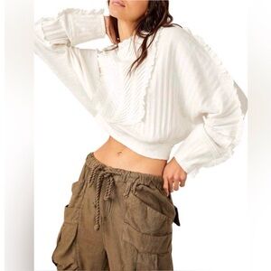 Free People Cream Ruffled Cropped Pullover